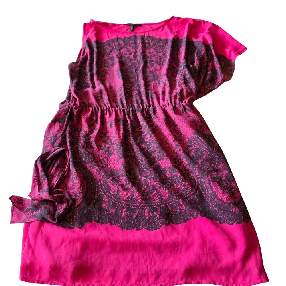 BCBGMAXAZRIA Pink Black Lace Print Elastic Waist Tie Belt Mini Dress Large